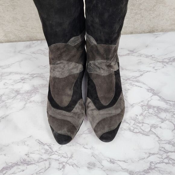 Mario Valentino Vintage 80s 90s Black Gray Tall Pull On Suede Knee High Boots - Picture 5 of 13